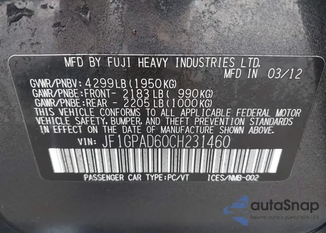 2012 Subaru Impreza 2.0I Premium z USA, uszkodzony, nr VIN JF1GPAD60CH231460